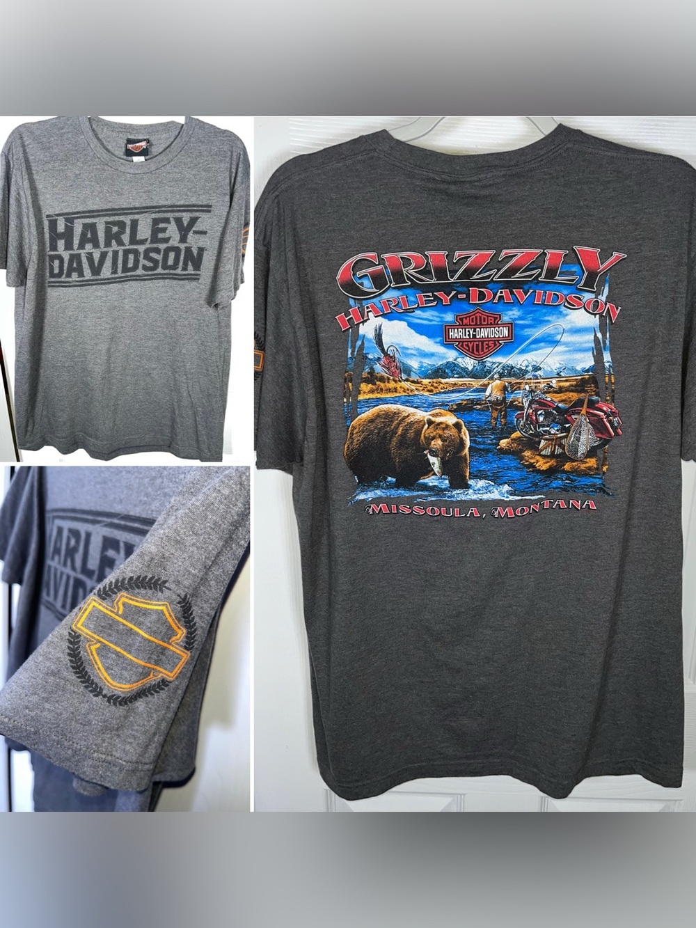 Men’s Harley Davidson Cycles Large Missoula Montana Gray Large Grizzly Fishing